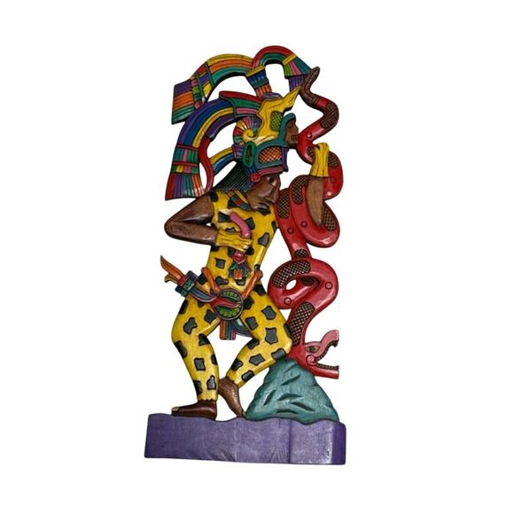 Vintage Mayan Aztec Handcarved Wood Wall Panel Multicolor 22" by 10" - Picture 1 of 3